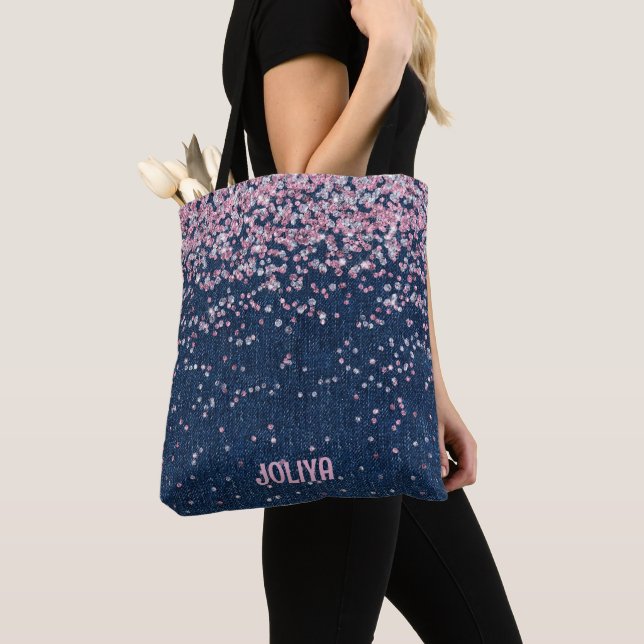 Bolsa Tote Padrão de brilho denim e rosa (Close Up)