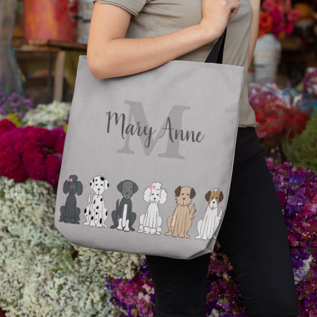 Bolsa Tote Padrão de Cachorro Fofo Monograma Personalizado Am (Cute dog breed pattern tote bag featuring playful cartoon puppies in a repeating design for pet love)