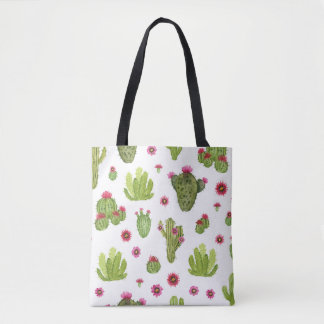 Bolsa Tote Padrão de Cacto Verde Pintado à Mão