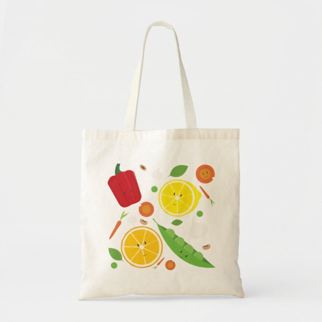 Bolsa Tote Padrão de Cartoon de Fruta Vegetal Sorridente (Frente)