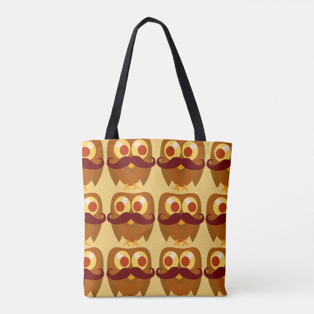 Bolsa Tote Padrão de Cartoon de Mustache Owl Mania Cute (Verso)