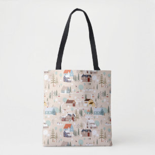 Bolsa Tote Padrão de Cena da Aldeia Cozy Winter