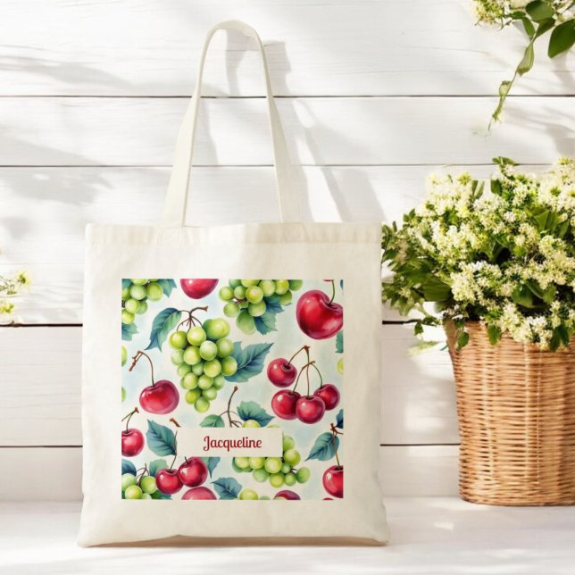 Bolsa Tote Padrão de Cereja de Frutas Vermelhas Verdes (Criador carregado)