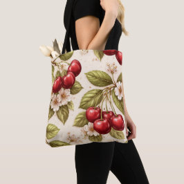 Bolsa Tote Padrão de Cerejeira Vintage com Cerejas Vermelhas