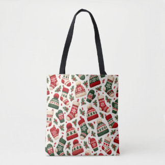 Bolsa Tote Padrão de Chapéus e Meias de Natal Tecidos e Aconc