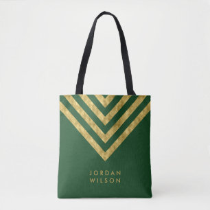Bolsa Tote Padrão de Chevron, um nome Dourado verde legante