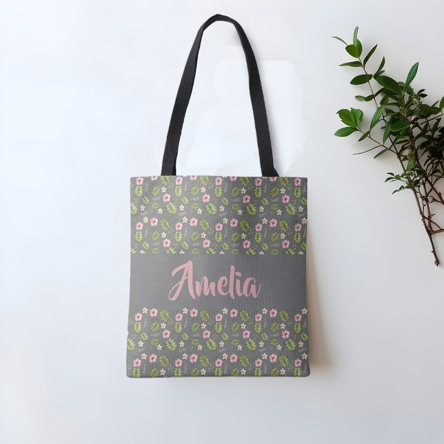 Bolsa Tote Padrão de cinzas cor de água floral rosa (Criador carregado)