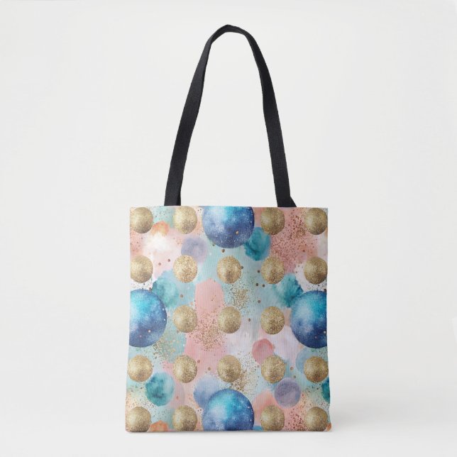 Bolsa Tote Padrão de Círculo Dourado e Azul com Acentos de Gl (Frente)