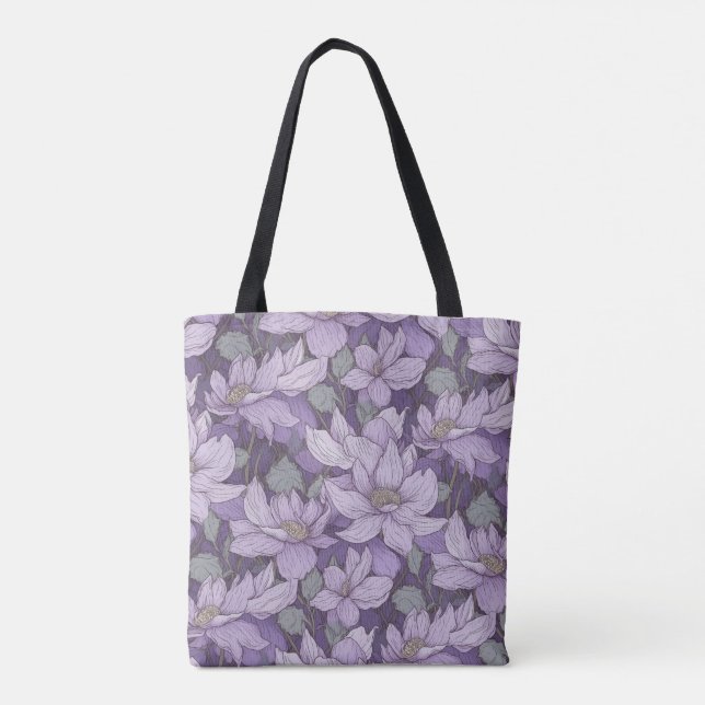 Bolsa Tote Padrão de Clematite Roxa Clara (Verso)