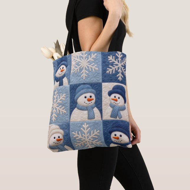Bolsa Tote Padrão de Colcha de Bonecos de Neve e Flocos de Ne (Close Up)