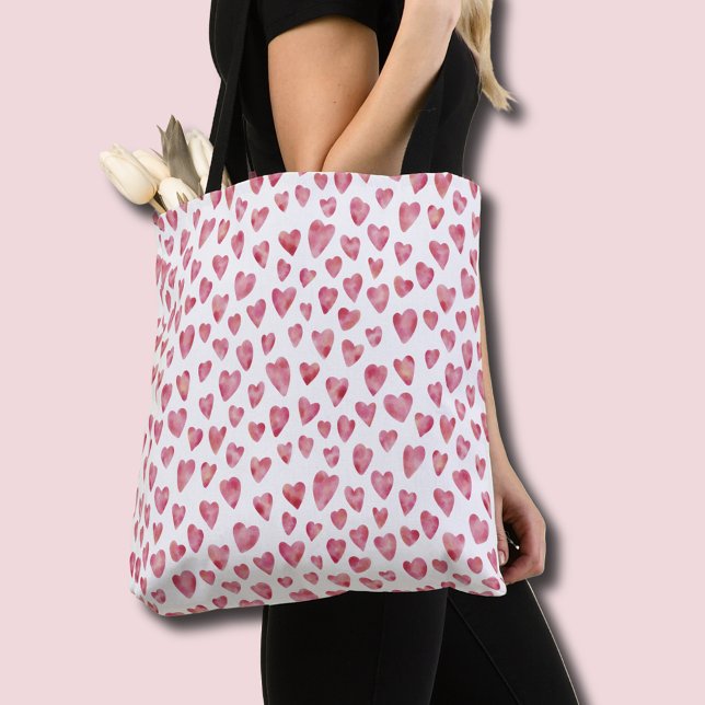 Bolsa Tote Padrão de Coração de Amor Rosa (Pink watercolor love heart tote bag)