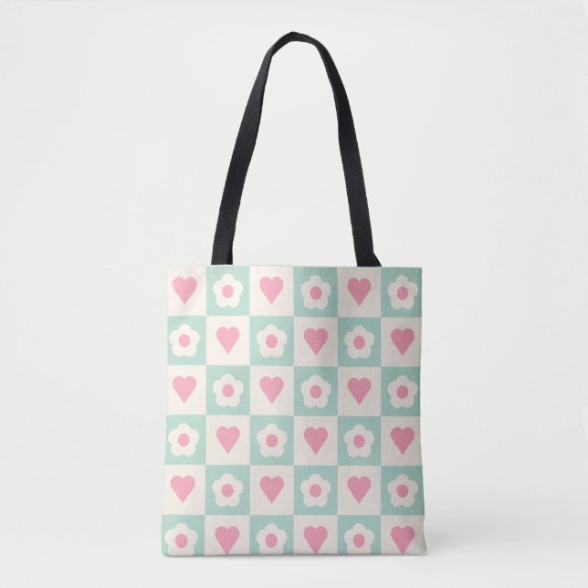 Bolsa Tote Padrão de Coração e Flor Pastel (Frente)
