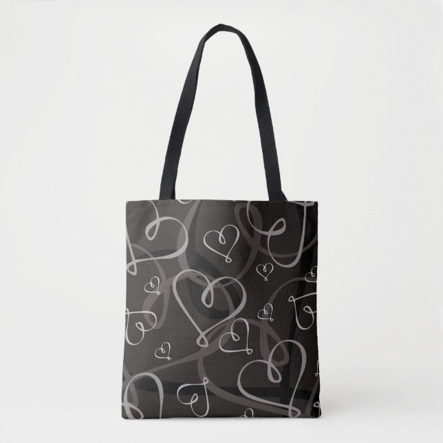 Bolsa Tote Padrão de coração preto e branco (Frente)