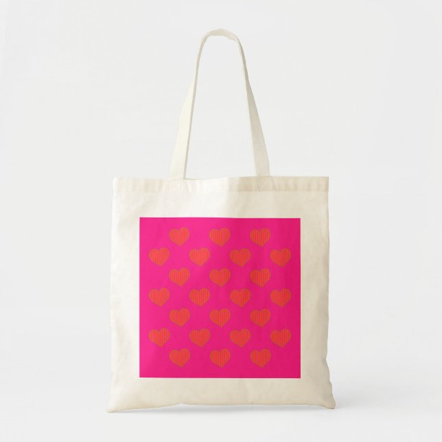 Bolsa Tote Padrão de Coração Rosa Quente e Laranja na Moda (Frente)
