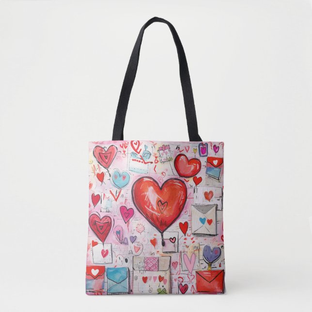 Bolsa Tote Padrão de Corações Cômicos e Letras de Amor (Frente)