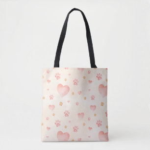 Bolsa Tote Padrão de Corações e Impressões de Pata Cor-de-Águ