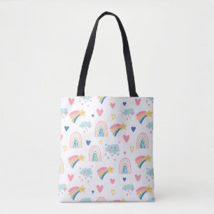 Bolsa Tote Padrão de Corações e Nuvens do Arco-Íris Cuto