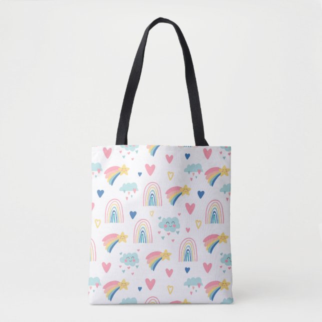 Bolsa Tote Padrão de Corações e Nuvens do Arco-Íris Cuto (Frente)