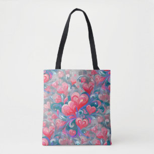 Bolsa Tote Padrão de corações em movimento, vermelho e azul.