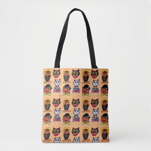 Bolsa Tote Padrão de Coruja de Pumpkin de Gato Retro Hallowee (Frente)