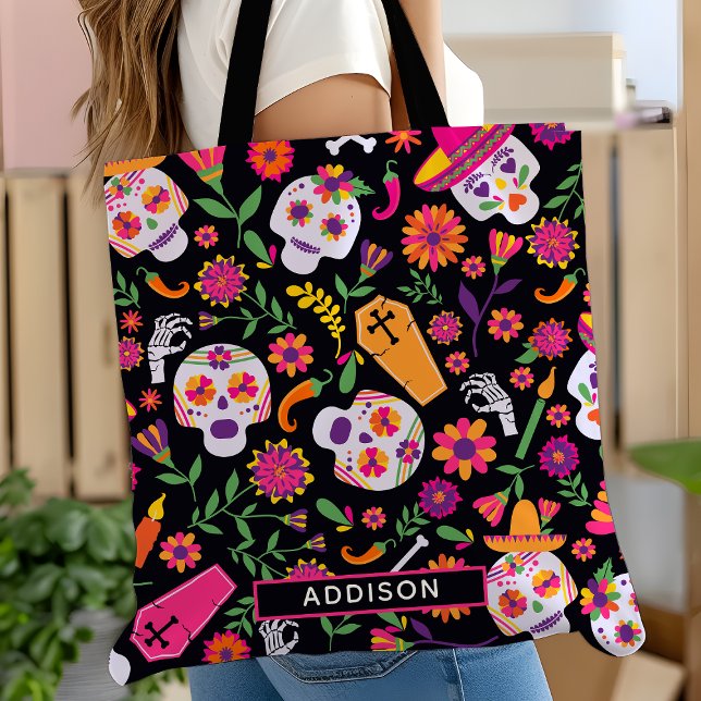 Bolsa Tote Padrão de Crânio de Açúcar do Dia dos Mortos Perso (Criador carregado)
