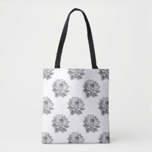 Bolsa Tote Padrão de crisântemo - Monocromo e Branco