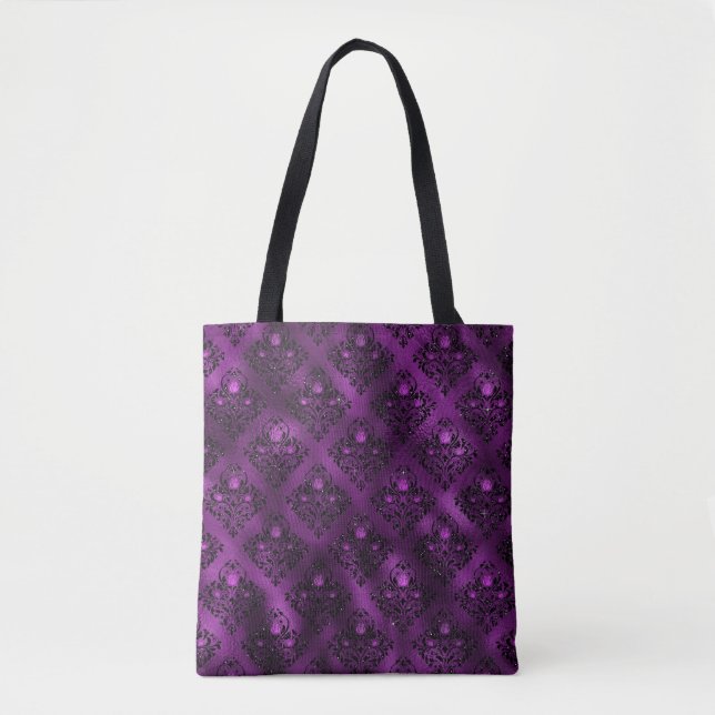 Bolsa Tote Padrão de Damasco com Glitter Glam Ombre Roxo (Frente)