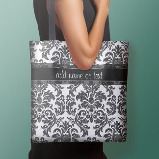 Bolsa Tote Padrão de Damasco de Quadro Negro e Branco em Letr