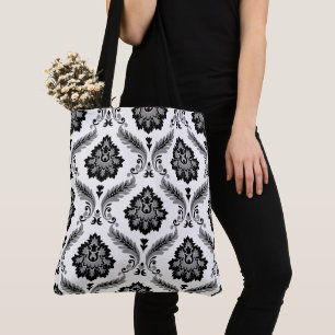 Bolsa Tote Padrão de Damasco Rococó Cinza Preto Branco
