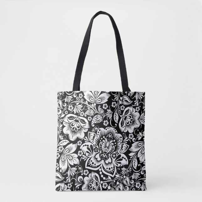 Bolsa Tote Padrão de Damascos Florais Barrocos Brancos Elegan (Frente)