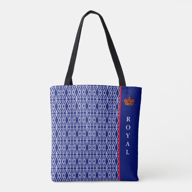 Bolsa Tote Padrão de diamante chic e elegante em azul e branc (Verso)
