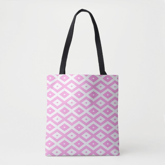Bolsa Tote Padrão de diamante rosa e branco (Frente)