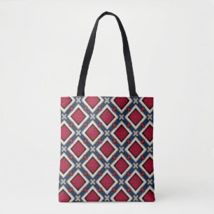 Bolsa Tote Padrão de Diamante Vermelho Branco e Azul