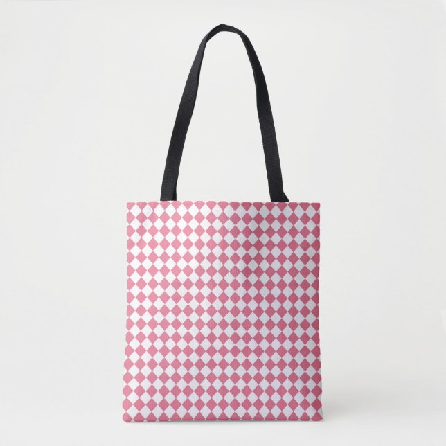 Bolsa Tote Padrão de diamante xadrez rosa e branco (Frente)