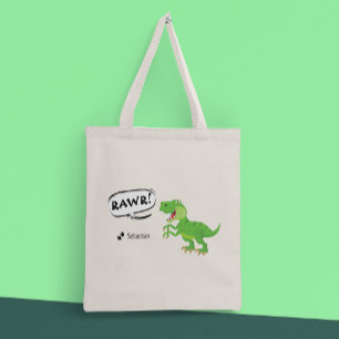 Bolsa Tote Padrão de Dinossauro Colorido com o Nome T-Rex Boy