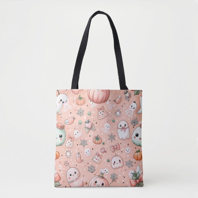 Bolsa Tote Padrão de Doodle do Halloween com Fantasmas e Pump (Frente)