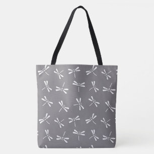 Bolsa Tote Padrão de Dragonfly japonês, Cinza/Cinza e branco