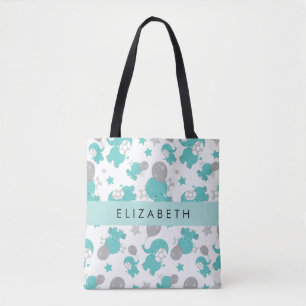 Bolsa Tote Padrão De Elefantes Azuis, Estrelas, Seu Nome