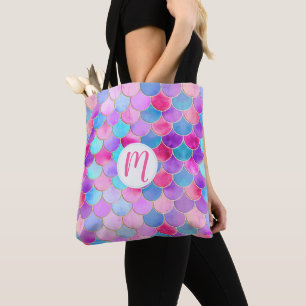 Bolsa Tote Padrão de escala de Sereia Rosa, Roxo e Aqua