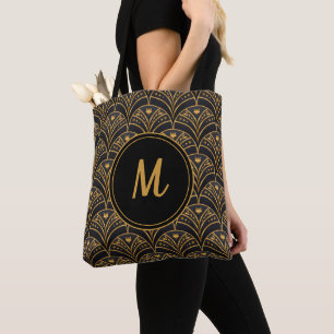 Bolsa Tote Padrão de Escala Dourado preto Art Deco Monograma