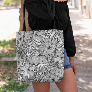 Bolsa Tote Padrão de escape tropical de tinta branca e preta