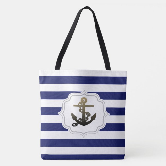 Bolsa Tote Padrão de Faixa Azul de Âncora de Tema Náutico (Frente)