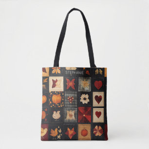 Bolsa Tote Padrão de Filtro de Arte Folk Denim   Patch Rustic