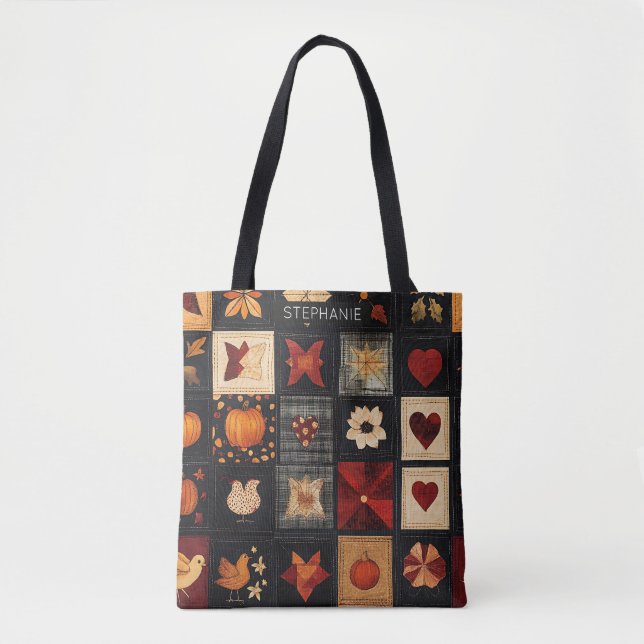 Bolsa Tote Padrão de Filtro de Arte Folk Denim | Patch Rustic (Frente)