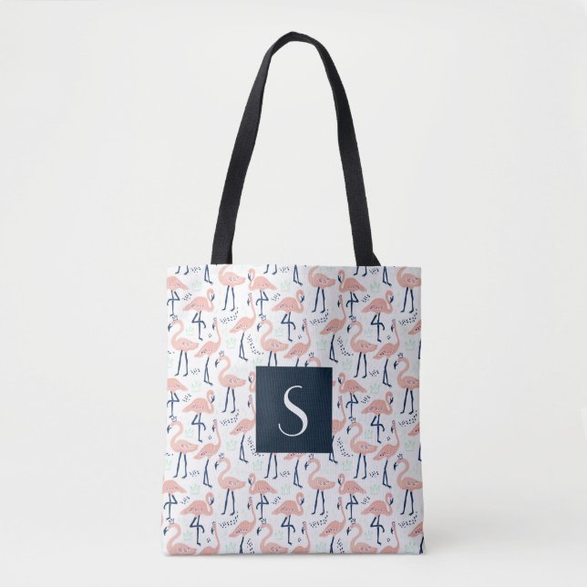 Bolsa Tote Padrão de Flamingo Rosa com Monograma Fofo (Frente)