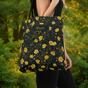 Bolsa Tote Padrão de Flor Amarelo Elegante