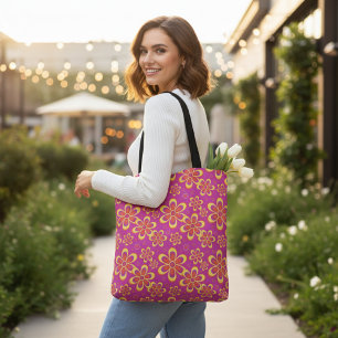Bolsa Tote Padrão de Flor Amarelo-Roxo-Magenta