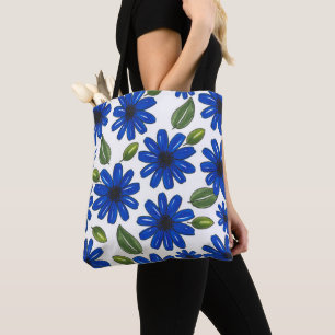 Bolsa Tote Padrão de Flor Azul Desenhado à Mão