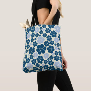 Bolsa Tote Padrão de Flor - Azul Escuro, Azul Claro e Creme
