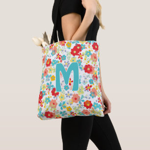 Bolsa Tote Padrão de Flor Colorido Rosa Aqua Azul Personaliza